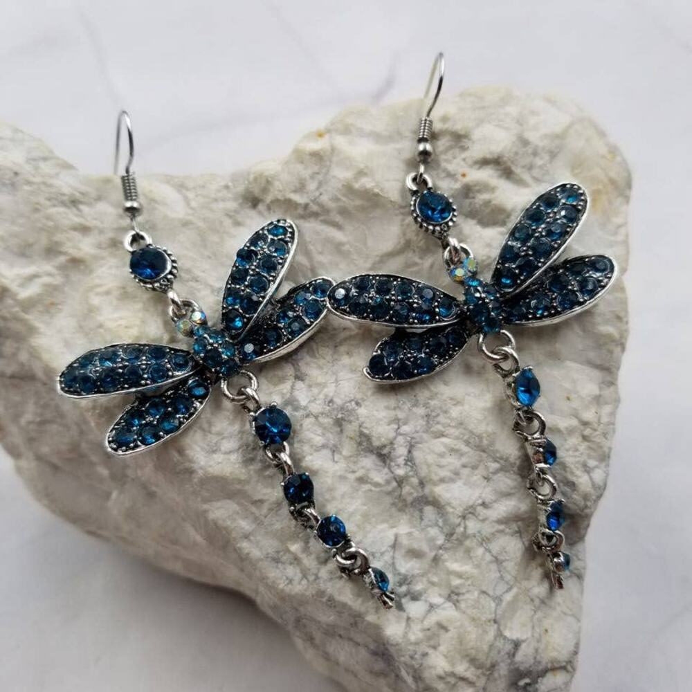 Blue Crystal Mystic Dragonfly Dangle Earrings
